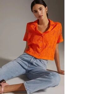 Anthropologie Vibrant Orange Lace Button-Down Shirt